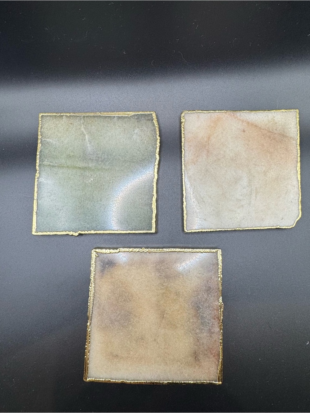 Anthropologie Set of 3 Natural Stone Coasters Gold Trim Square Agate Marble